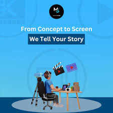 A video editor working on a creative project with camera setup, editing software, and storyboard icons around, under the tagline "From Concept to Screen – We Tell Your Story."

